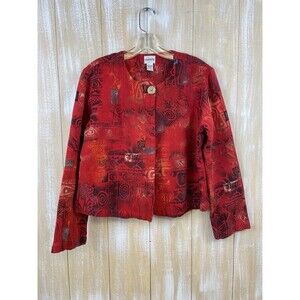 Chico's Women's Size 1 Red Crop Blazer 100% Cotton One Button Geometric Print.